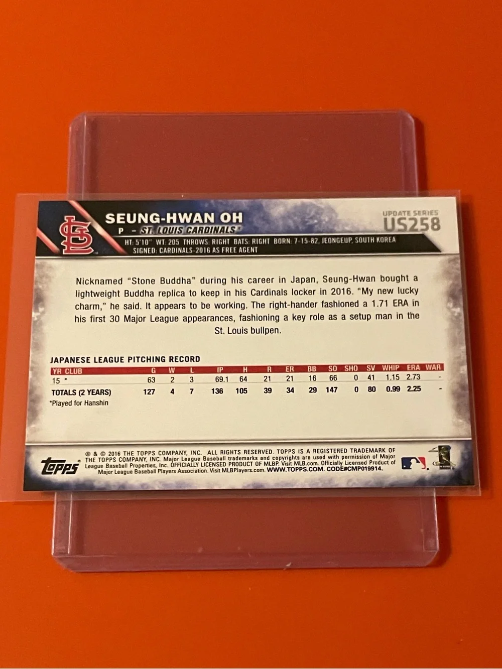 Seung-Hwan Oh #US258 [Rookie] 2016 Topps Baseball Trading Card